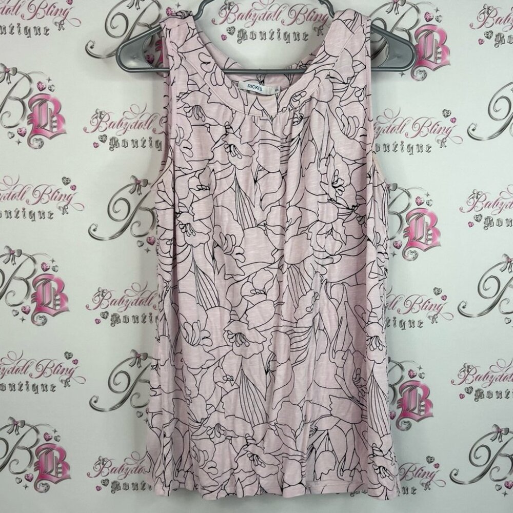 Ricki's tank top line work flowers light baby Pink black Floral Sleeveless Top
